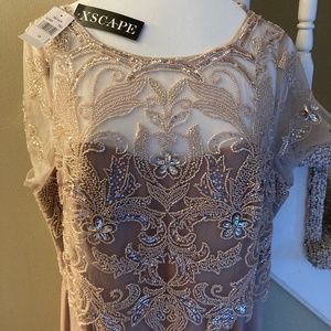 XSCAPE Embellished Chiffon Gown in Taupe